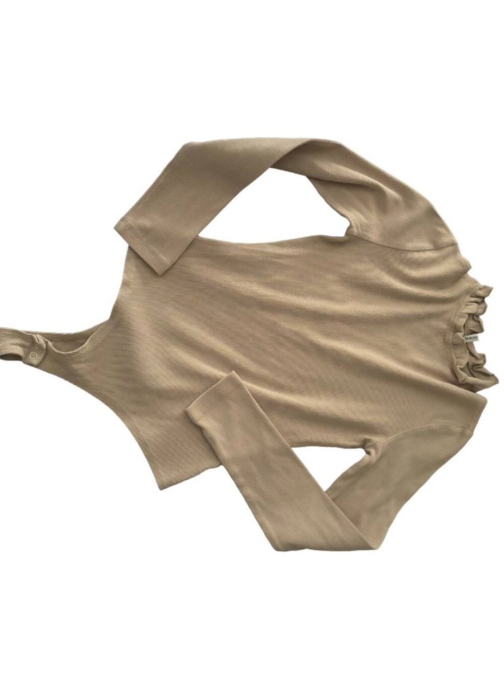 tan / khaki ish lettuce trimmed faux turtleneck long sleeve bodysuit size M but